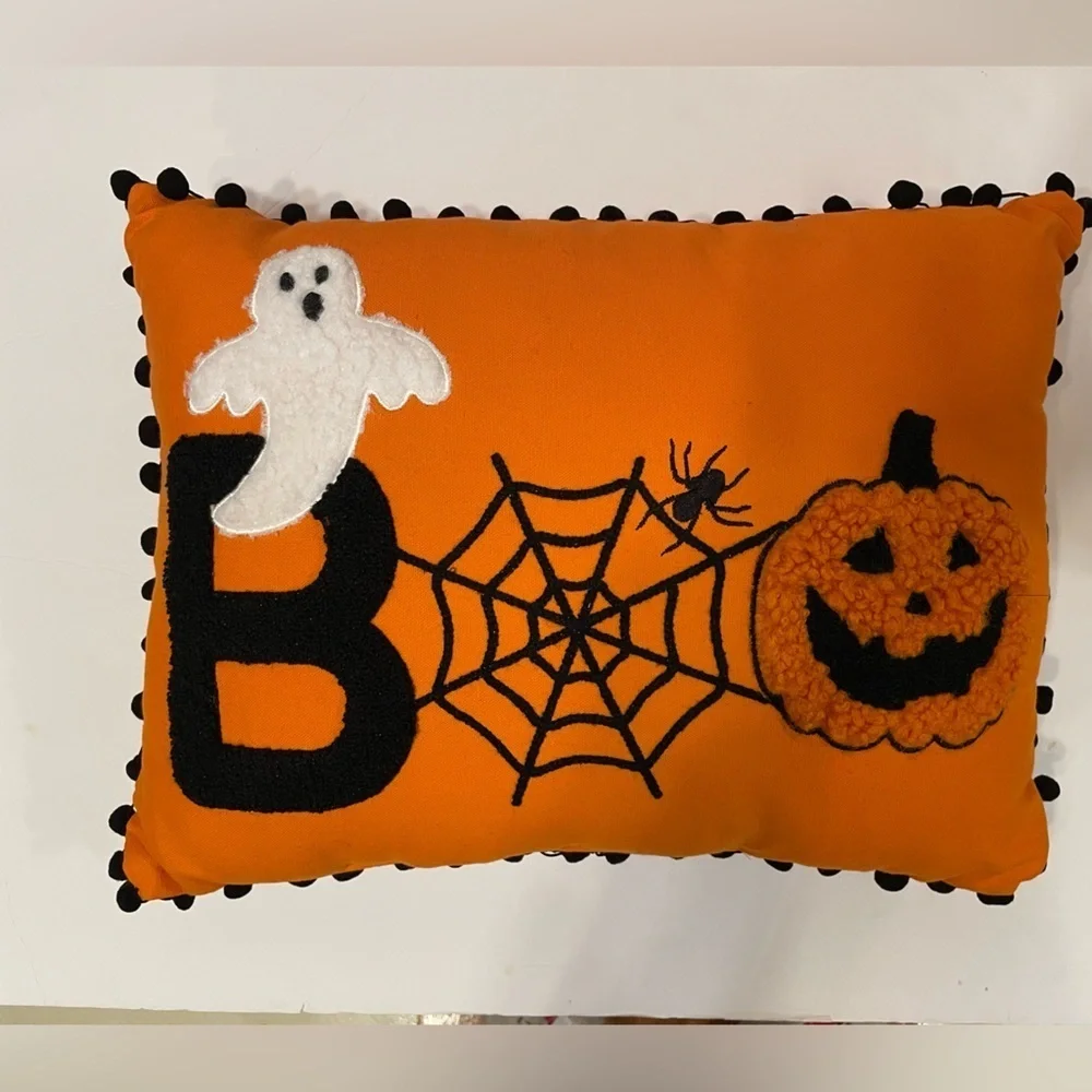 Halloween BOO Ghost Pumpkin Spider Orange Decorative 13”x18” Pillow NWT